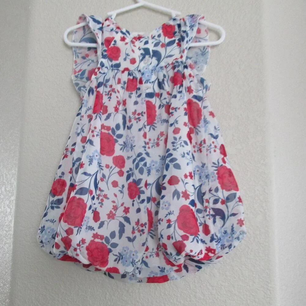 Little Lass Sheer Romper Girls Size 18M Red White Blue Patriotic Floral July 4th
